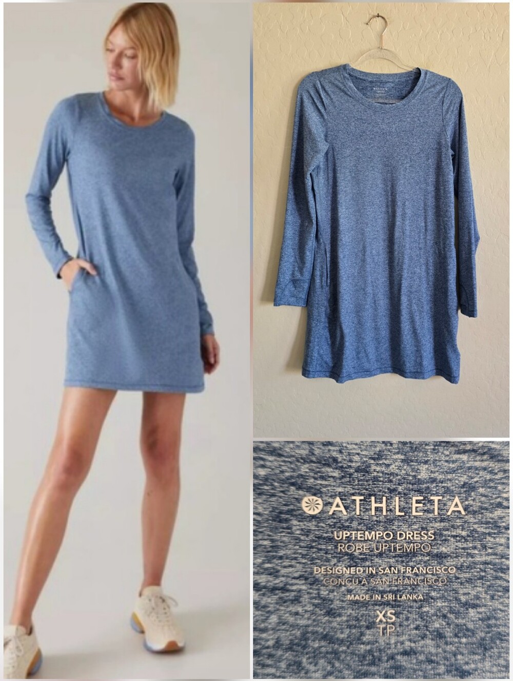 Athleta Uptempo Pullover Dress Size XS Long Sleeve Heather Blue